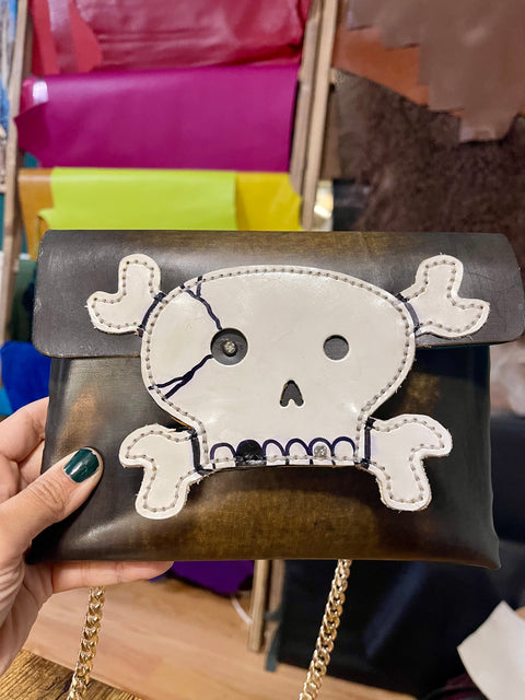 Handmade Skull Leather Crossbody Bag | Gothic Envelope Clutch with Chain