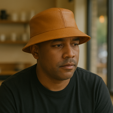 Handmade Leather Bucket Hat | Pebbled Leather Hat with Cotton Lining (Brown)