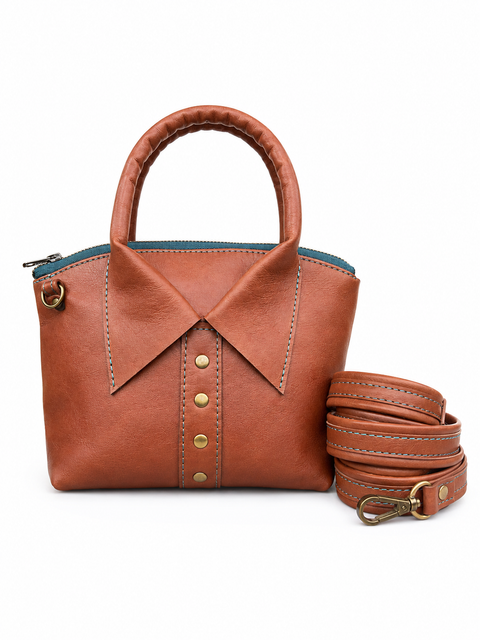 Handmade Brown Pebbled Leather Bag – Cowhide Purse with Collar Detail, Rolled Top Handle and Crossbody Strap