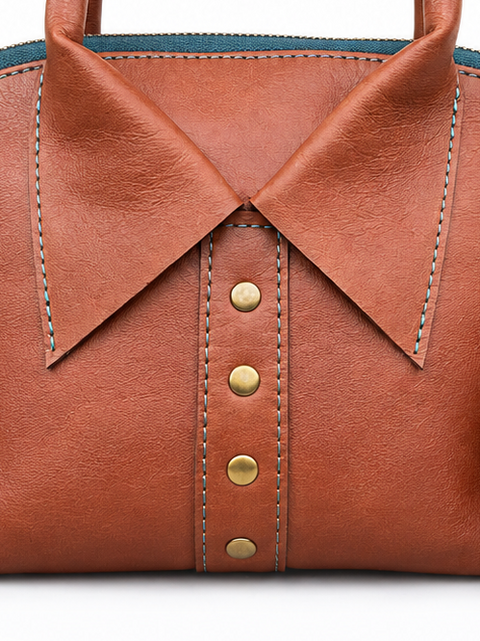 Handmade Brown Pebbled Leather Bag – Cowhide Purse with Collar Detail, Rolled Top Handle and Crossbody Strap