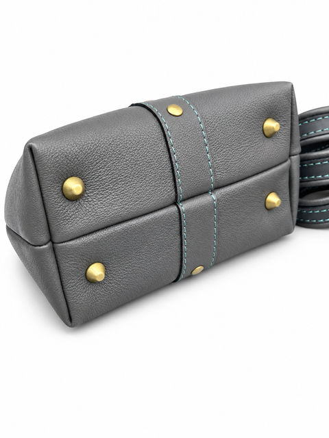 Handmade Black Pebbled Leather Bag – Cowhide Purse with Collar Detail, Rolled Top Handle and Crossbody Strap