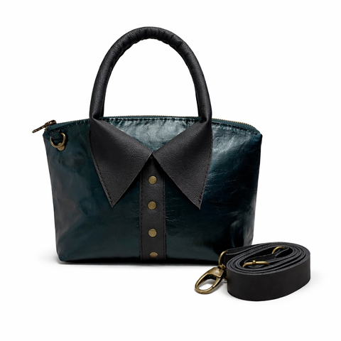Emerald teal lambskin crossbody bag with rolled handles and collar design - handmade leather purse