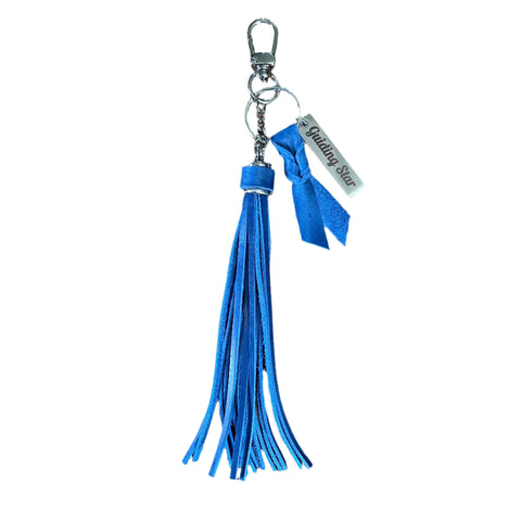 full length view of 9-inch blue leather Astral Tassel Keychain with custom enggraving