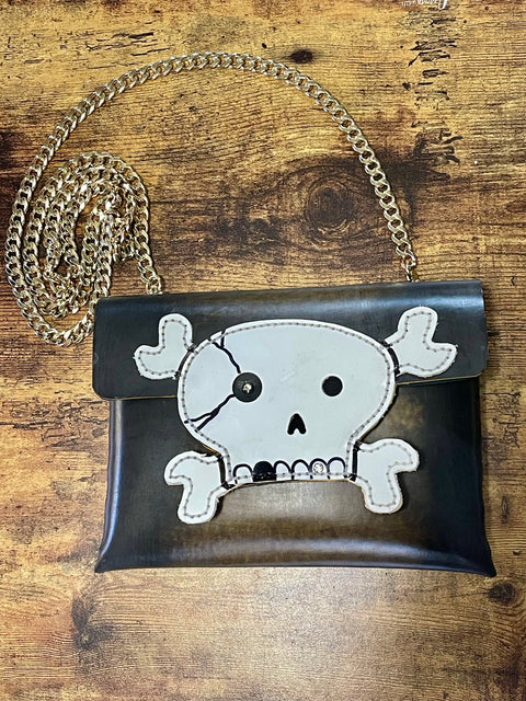 Handmade Skull Leather Crossbody Bag | Gothic Envelope Clutch with Chain