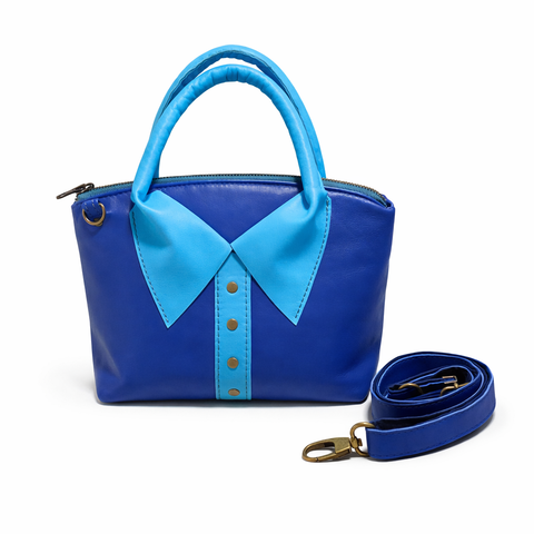 Royal blue and sky blue two-tone lambskin crossbody bag with rolled handles and collar design