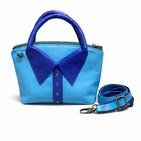 Sky blue and royal blue two-tone lambskin crossbody bag with rolled handles and collar design