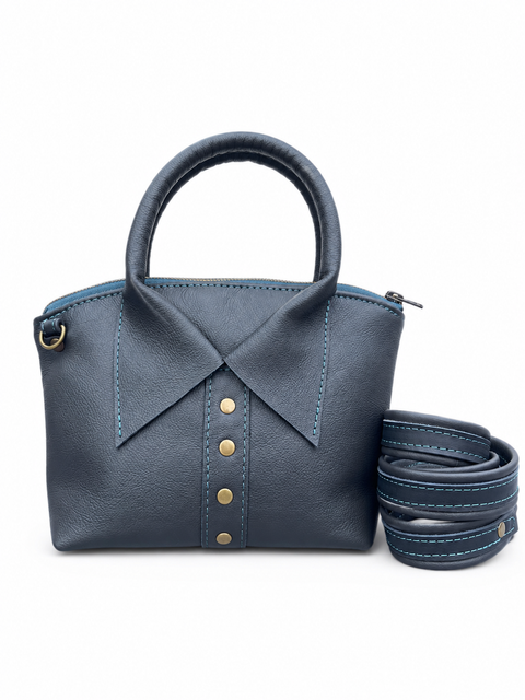 Handmade Black Pebbled Leather Bag – Cowhide Purse with Collar Detail, Rolled Top Handle and Crossbody Strap