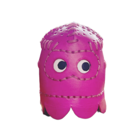 Leather pincushion with hand stitching in the shape of a pink pacman ghost.