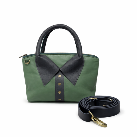 Sage Green lambskin crossbody bag with rolled handles and collar design - handmade leather purse