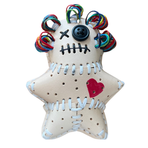 Rainbow curls voodoo doll leather pincushion