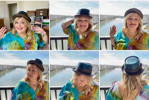 Woman wearing Leather Pork Pie Hat that is turquoise at the top and brown at the bottom in various poses