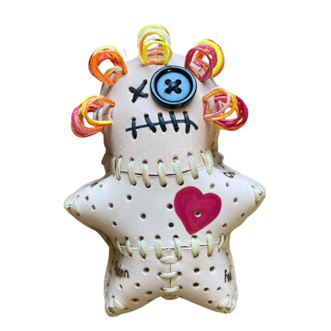 Handmade voodoo doll pin holder with colorful hair