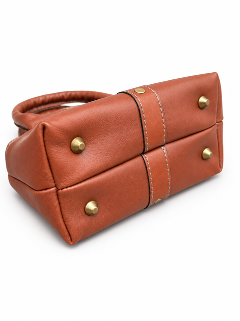 Handmade Brown Pebbled Leather Bag – Cowhide Purse with Collar Detail, Rolled Top Handle and Crossbody Strap