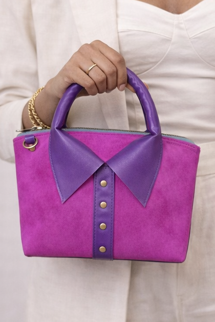 Handmade Magenta Suede Bag – Two-Tone Leather Purse with Purple Collar, Rolled Top Handle and Crossbody Strap