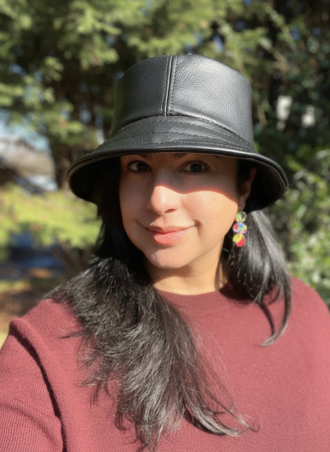 Handmade Leather Bucket Hat | Pebbled Leather Hat with Cotton Lining (Black)