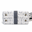 Bottom of white snake embossed crossbody bag showing 4 brass purse feet and gray lambskin center stripe on python print leather