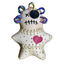 Hand stitched leather voodoo pin cushion doll with purple, pink and neon yellow curly hair